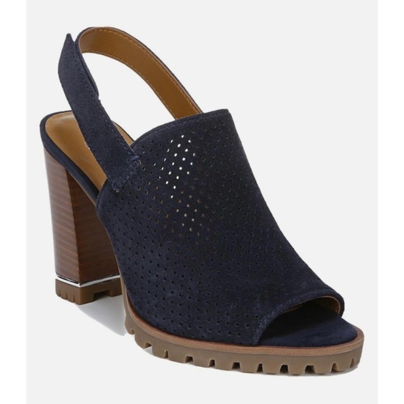 Franco Sarto Shoes - FRANCO SARTO Austin Navy Blue Suede Perforated Lug High Heel Slingback Sandals 7
